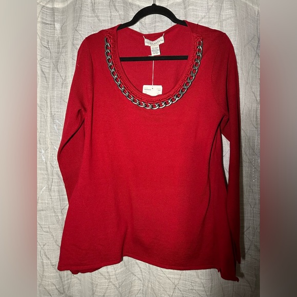 Doncaster Gorgeous Red sweater Scoop Neckline with knit & Chain Detail NWT